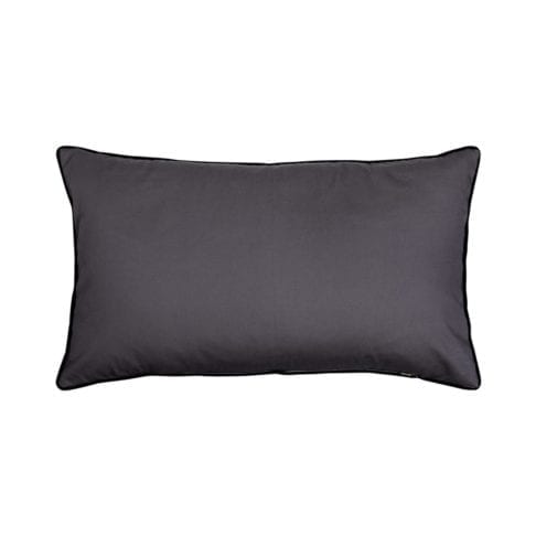 The dark grey cotton reverse of this rectangular silk ikat cushion with black velvet piping.