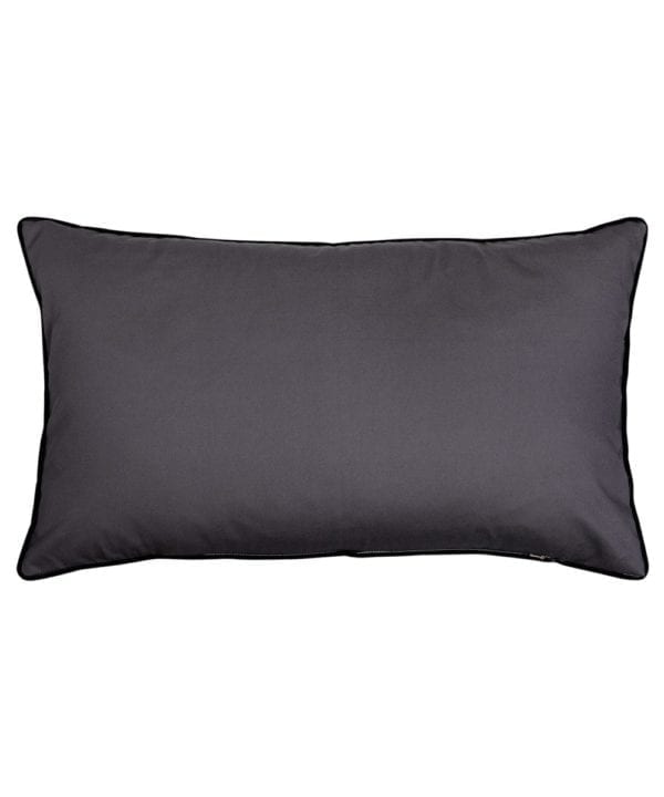 The dark grey cotton reverse of this rectangular silk ikat cushion with black velvet piping.