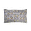 Grey patterned cushions in linen with acid yellow accents depicting a stylised, Middle Eastern motif hand-print.