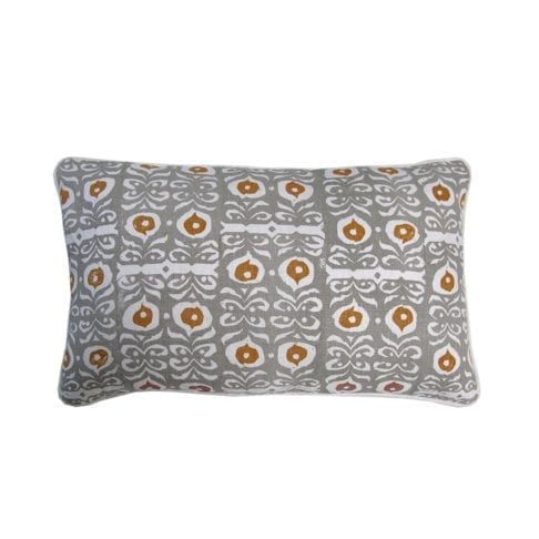 A chic, rectangular, Eau de Nil cushion with mustard yellow accents in hand-printed linen.