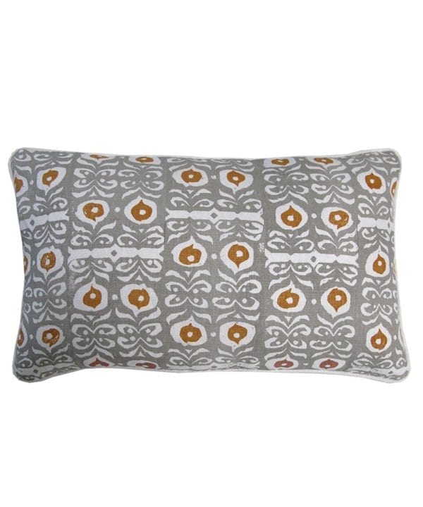 A chic, rectangular, Eau de Nil cushion with mustard yellow accents in hand-printed linen.