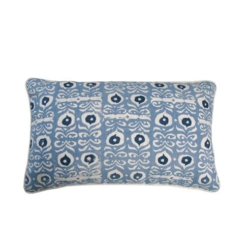 Pale blue patterned cushion in hand-printed Iznik linen.