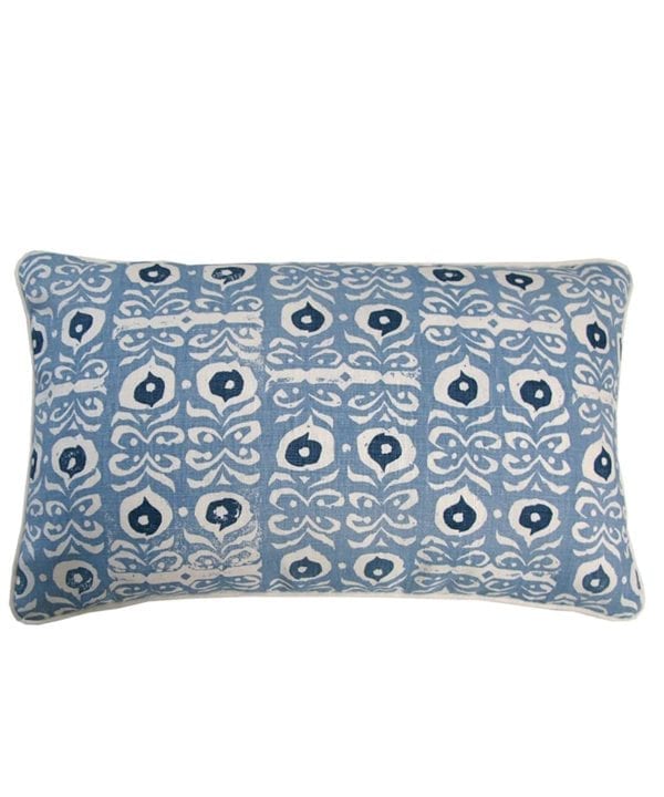 Pale blue patterned cushion in hand-printed Iznik linen.