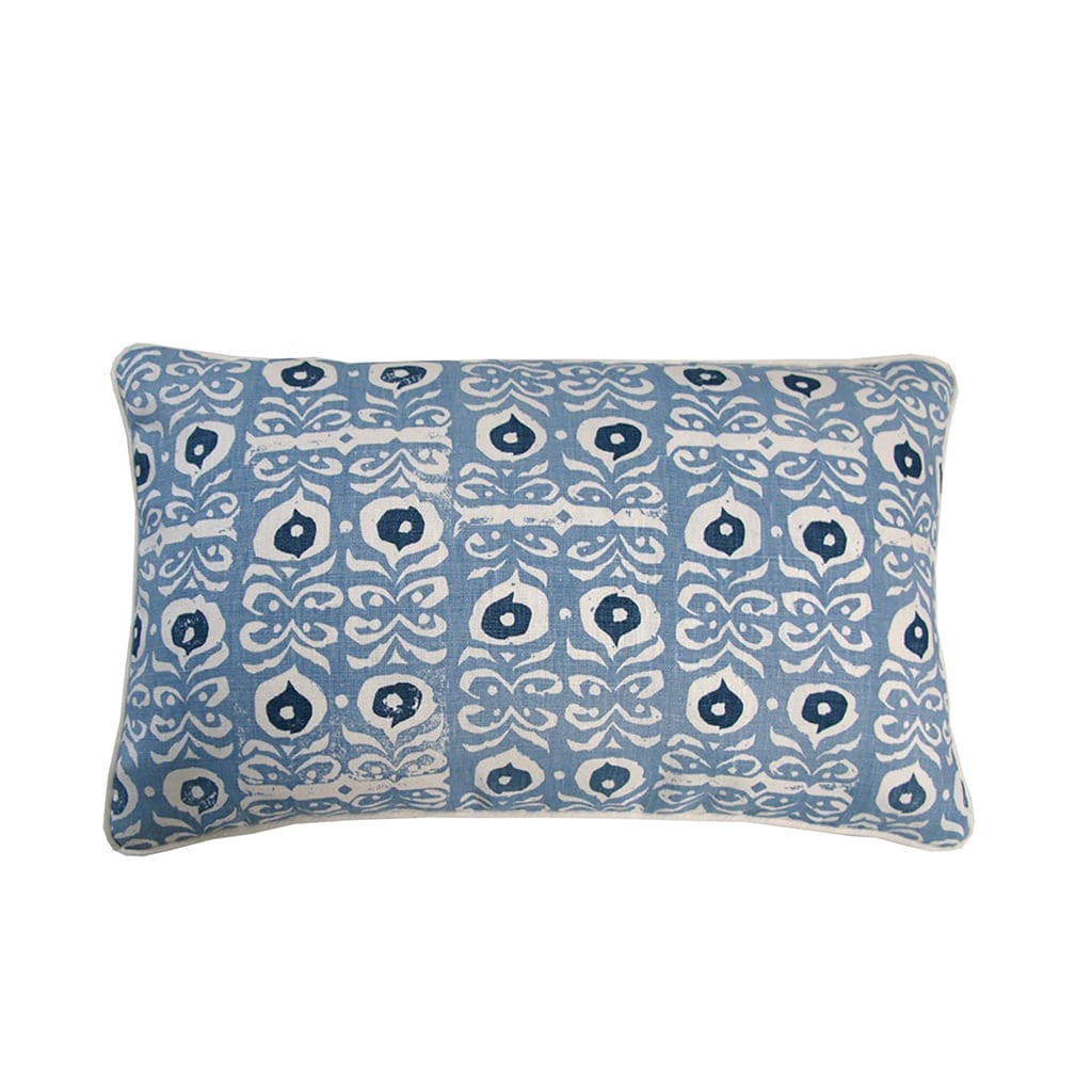 Pale blue patterned cushions in hand printed Iznik linen
