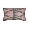 A rectangular pink and warm, grey, silk ikat cushion with black accents.