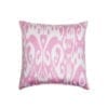 A pink and white silk, square, ikat design cushion.