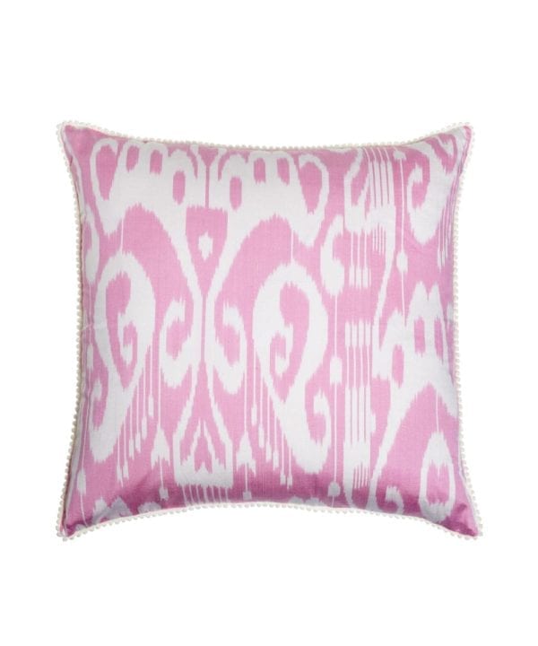 A pink and white silk, square, ikat design cushion.