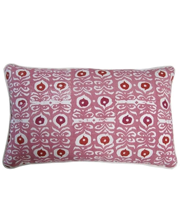 Pink patterned cushions with a culturally-inspired, decorative, Middle Eastern motif on hand-printed linen.