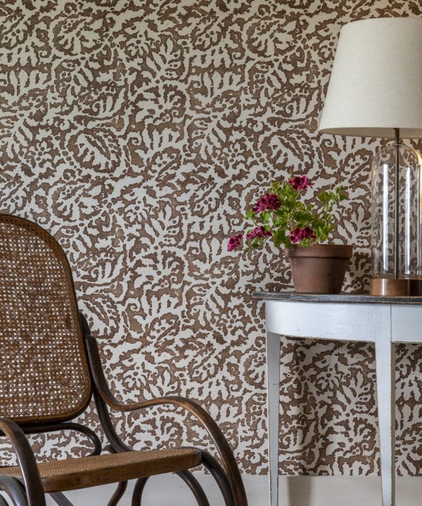 Brown patterned wallpaper in the Italianate palazzo style in 'Majolica' in Gaucho from Telescope Style.