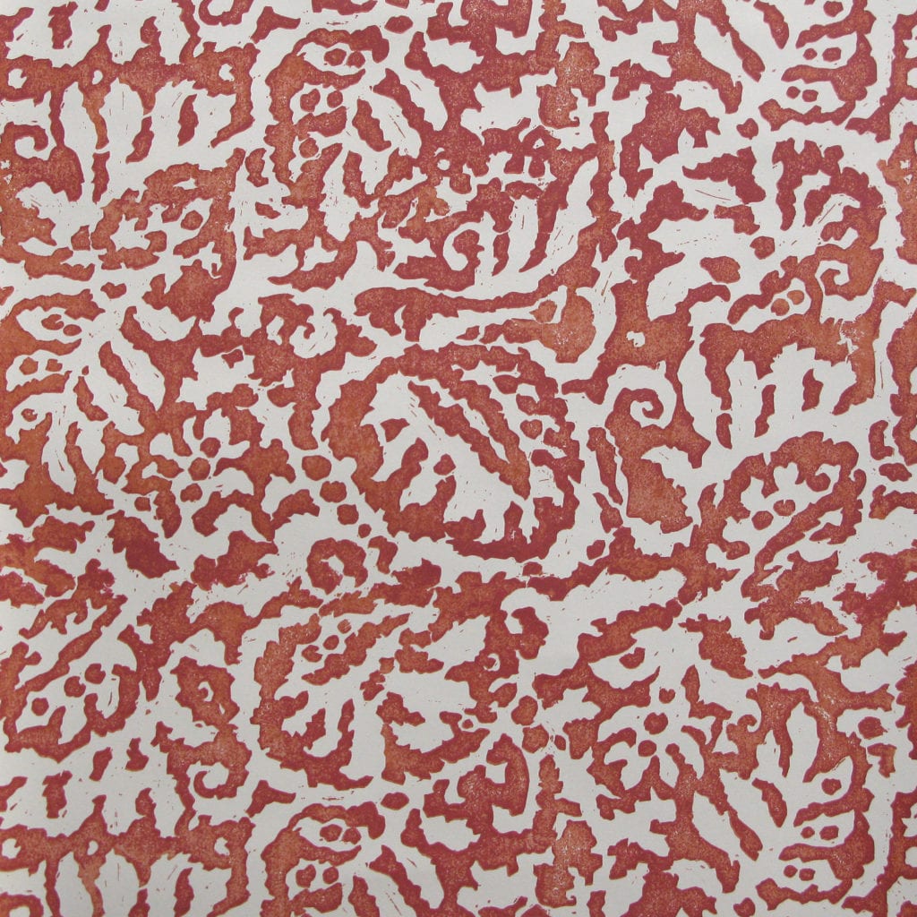 A close-up shot of an Italian palazzo inspired burnt orange wallpaper from Telescope Style.