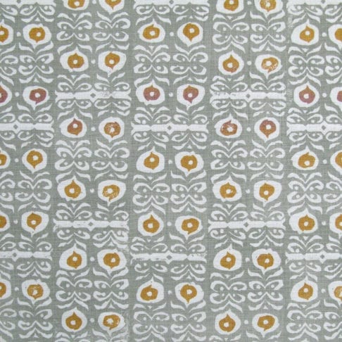 Celadon and gold hand-print linen fabric in an Iznik design.