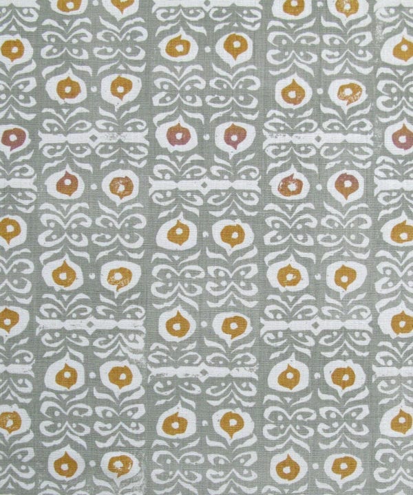 Celadon and gold hand-print linen fabric in an Iznik design.