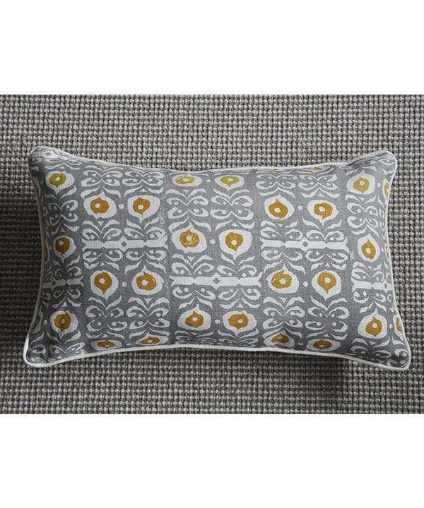 A grey and gold, hand-print linen lumbar cushion with an Iznik design.