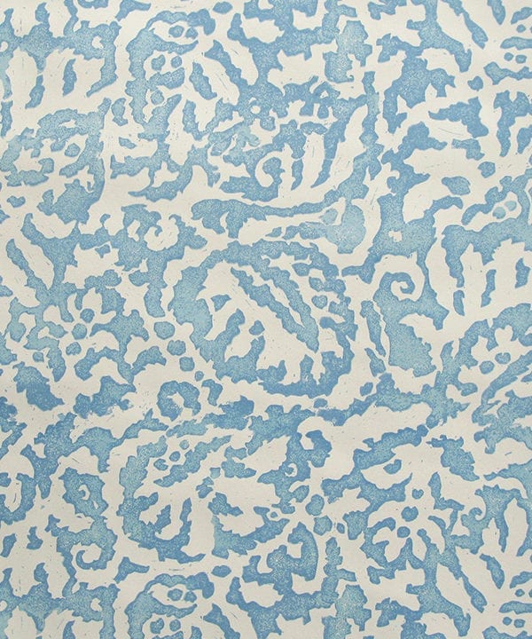 Italianate patterned pale blue wallpaper detail from the 'Majolica' range available through Telescope Style.