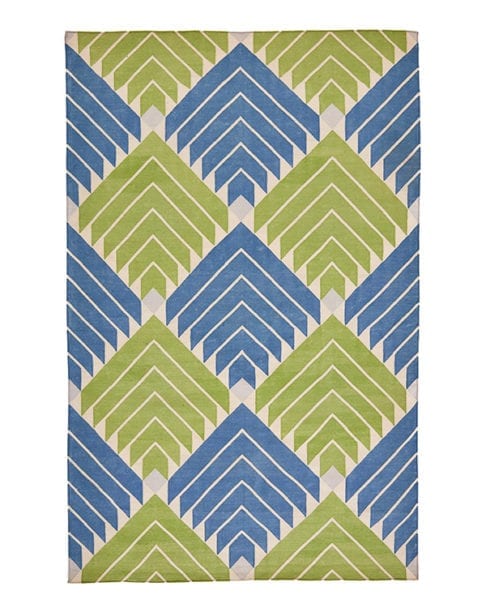 Blue and green rug with flèche diamond design.