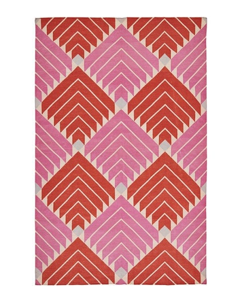 Pink flat weave rug with diamond design in scarlet and bubblegum, handmade in India.