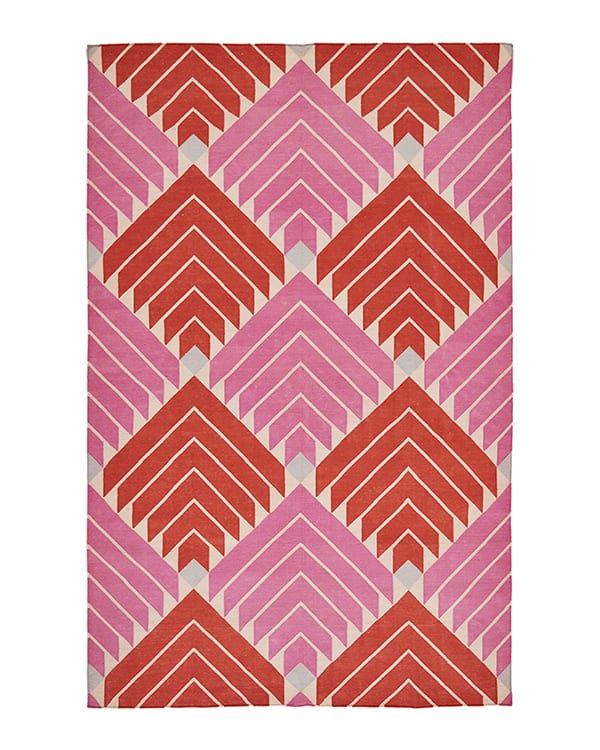 Pink flat weave rug with diamond design in scarlet and bubblegum, handmade in India.