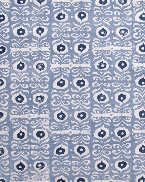 Detail of hand-printed, pale blue patterned cushions linen entitled' Iznik'.