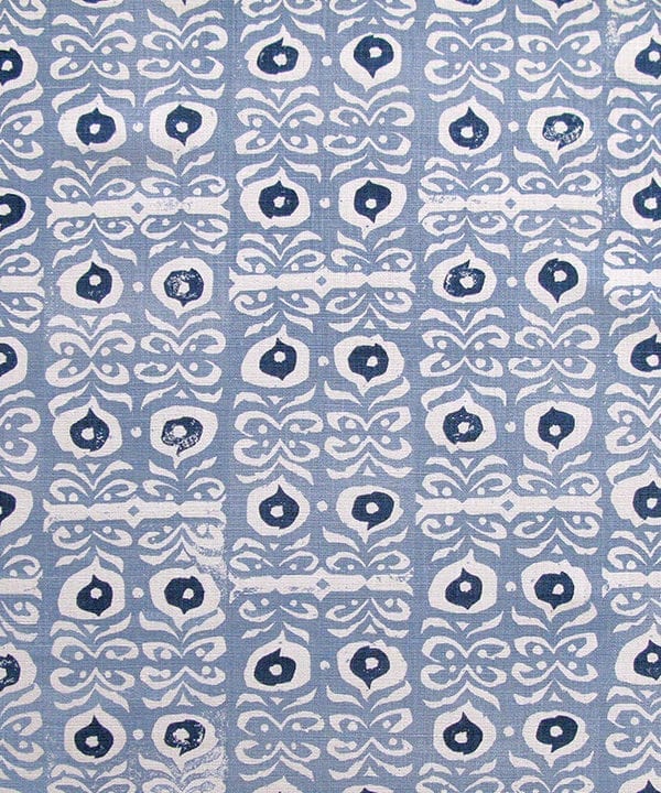 Detail of hand-printed, pale blue patterned cushions linen entitled' Iznik'.