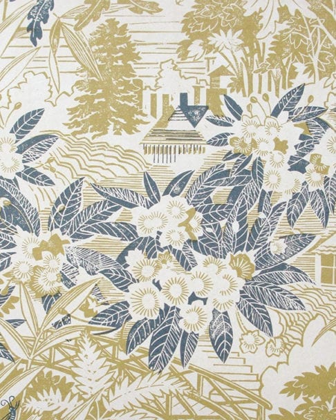 Hand-printed botanical wallpaper in chartreuse and blue in the Arts & Crafts style, available through Telescope Style.