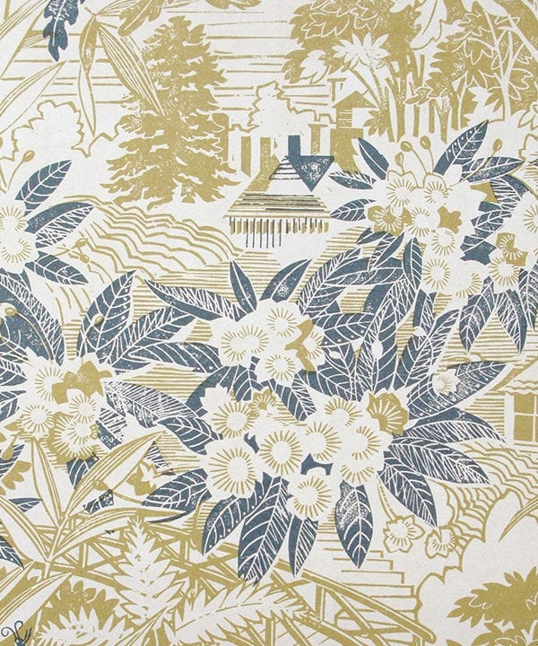 Hand-printed botanical wallpaper in chartreuse and blue in the Arts & Crafts style, available through Telescope Style.