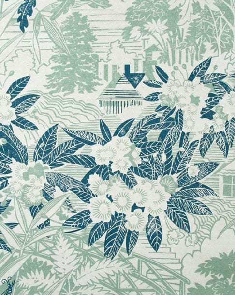 Arts and crafts wallpaper detail in duck egg and teal from the Webb's Wonder range of wallpapers available through Telescope Style.