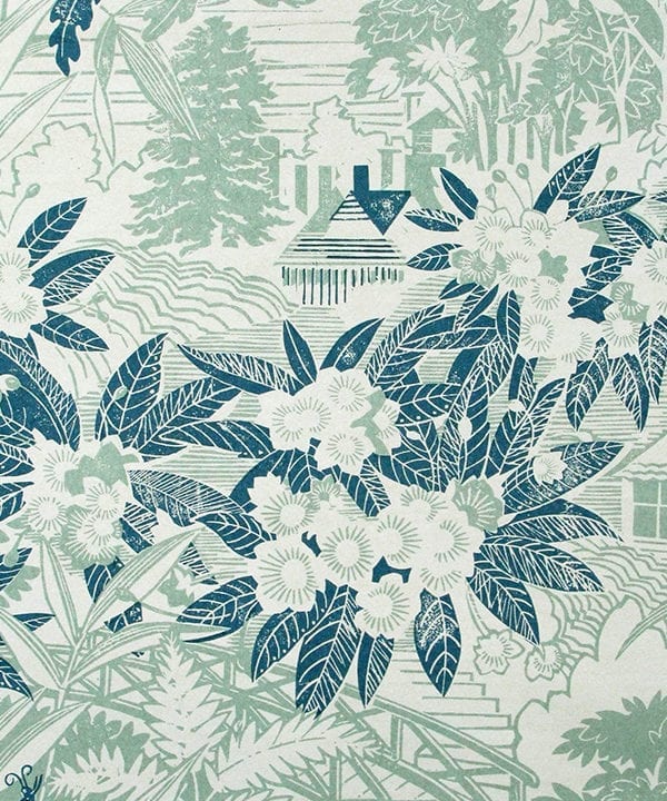 Arts and crafts wallpaper detail in duck egg and teal from the Webb's Wonder range of wallpapers available through Telescope Style.