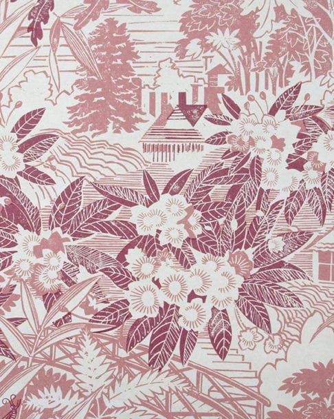 Detail of Webb's Wonder rhododendron print wallpaper in the 'Raspberry' colourway.