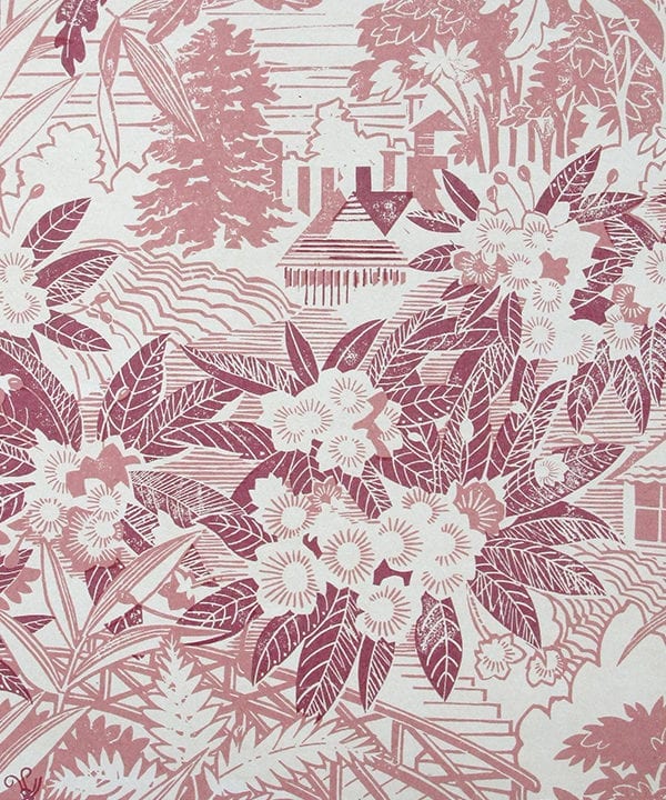 Detail of Webb's Wonder rhododendron print wallpaper in the 'Raspberry' colourway.