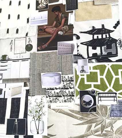 An interior mood board in monochrome and green with an Asian vibe.