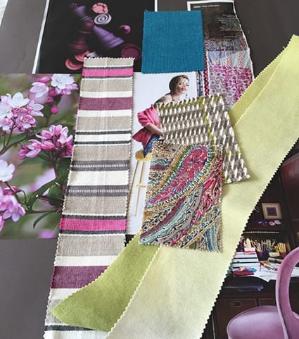 An interior mood board in pinks, limes, and neutrals.