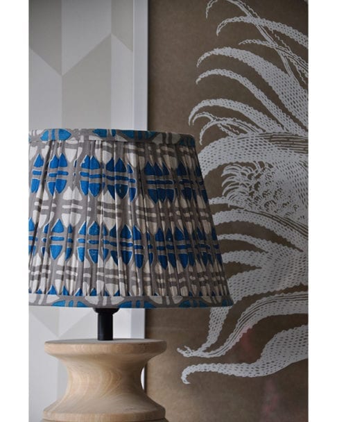 Block print cotton lampshades in soft blue and putty shades. colou