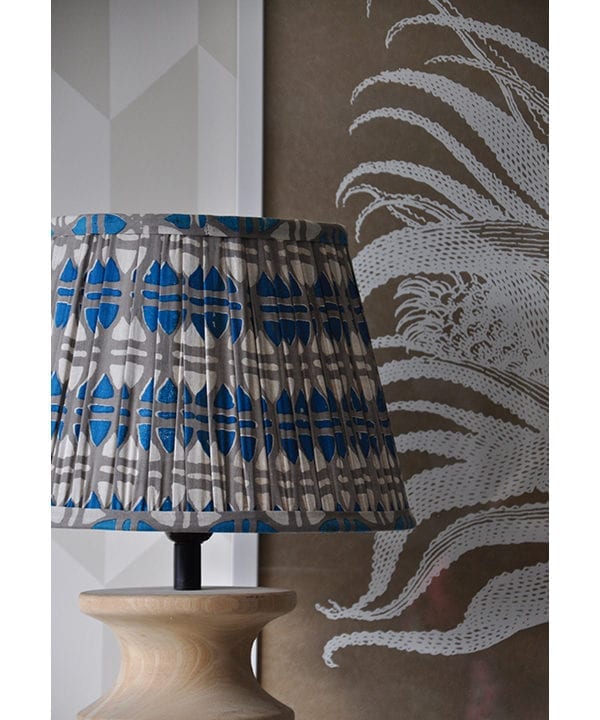 Block print cotton lampshades in soft blue and putty shades. colou