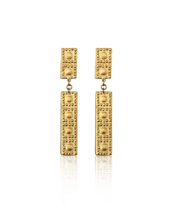 Gold-bar drop earrings inspired by ancient Greek heritage from Telescope Style.