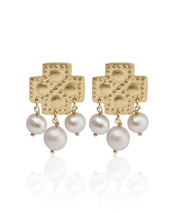 Greek gold plated, cross earrings with freshwater pearl drops inspired by Greek heritage designs from Telescope Style.
