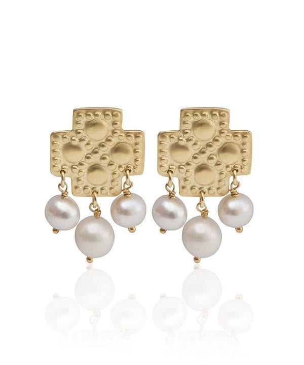 Greek gold plated, cross earrings with freshwater pearl drops inspired by Greek heritage designs from Telescope Style.