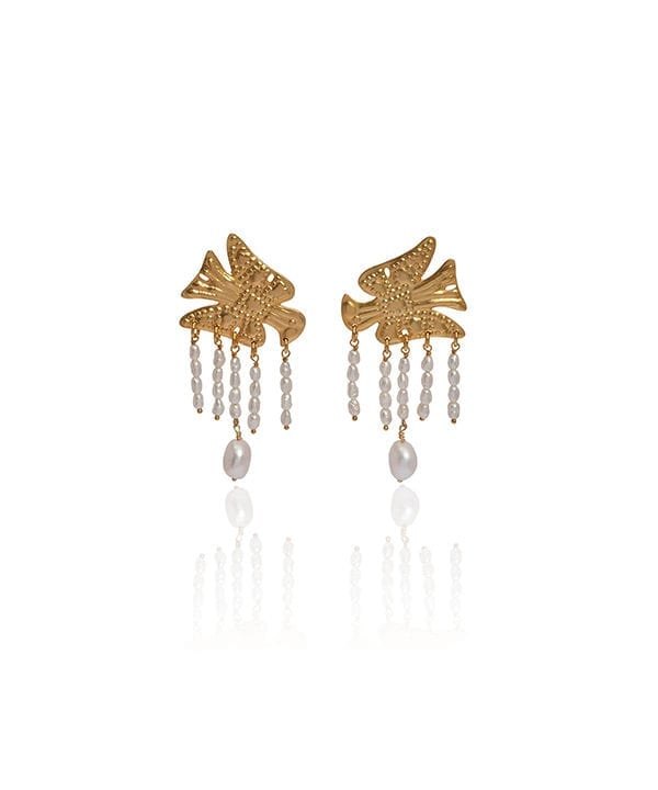 Gold and pearl earrings depicting the Greek eagle in gold with delicate pearl droplets.