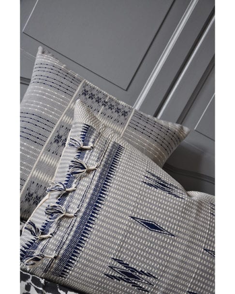 Blue grey cushion covers with tassels, handmade in Nagaland, India from Telescope Style.