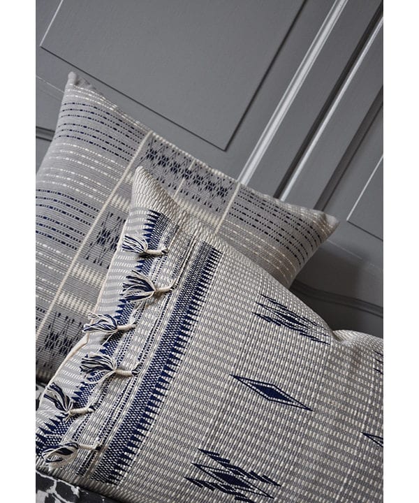 Blue grey cushion covers with tassels, handmade in Nagaland, India from Telescope Style.