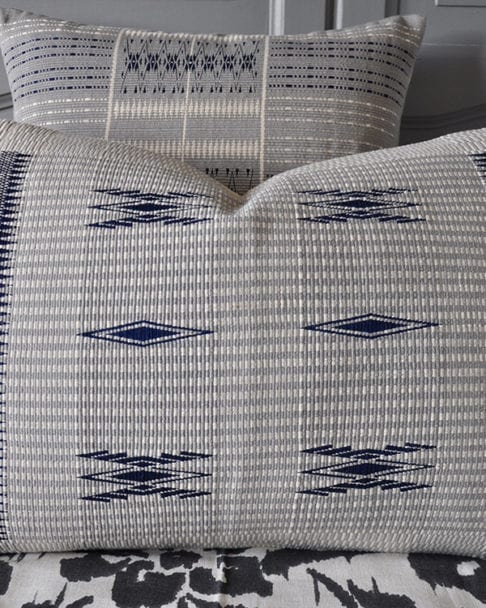 Close-up of blue grey hand-woven cushion covers from Nagaland in North-Eastern India available through Telescope Style.