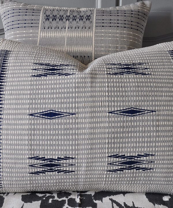 Close-up of blue grey hand-woven cushion covers from Nagaland in North-Eastern India available through Telescope Style.