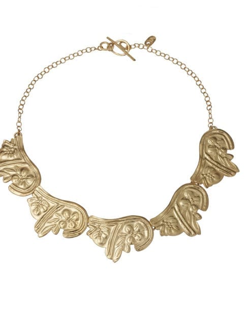 Statement gold necklace inspired by traditional Greek mythology. Available through Telescope Style.