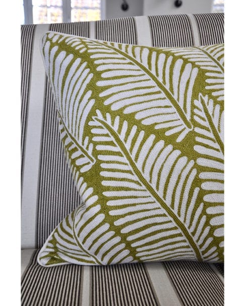 Chartreuse design cushion, handmade in Indian Kashmiri crewelwork, available from Telescope Style.