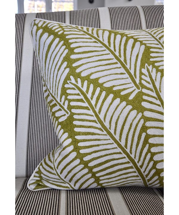 Chartreuse design cushion, handmade in Indian Kashmiri crewelwork, available from Telescope Style.