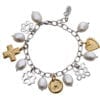 Charm bracelet in gold, silver and pearl with ancient Greek heritage styling, available through Telescope Style.