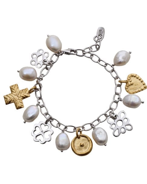 Charm bracelet in gold, silver and pearl with ancient Greek heritage styling, available through Telescope Style.