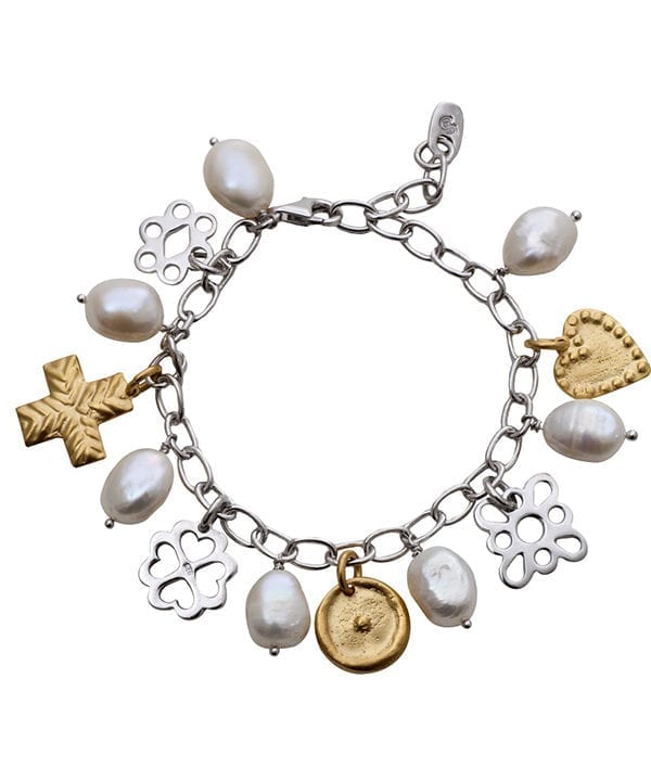 Charm bracelet in gold, silver and pearl with ancient Greek heritage styling, available through Telescope Style.