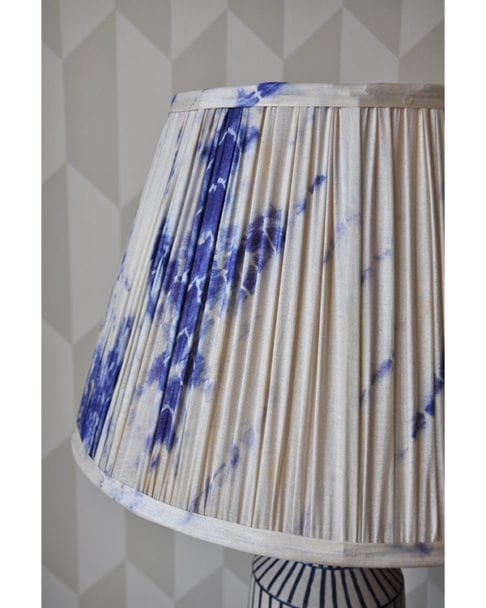 A detail of the Shibori silk Japanese style gathered silk lampshades in indigo.