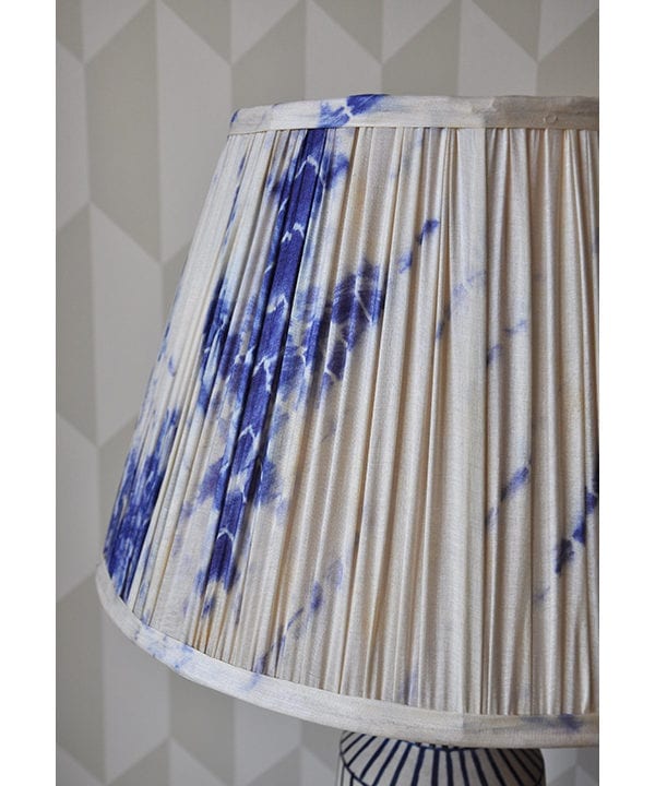 A detail of the Shibori silk Japanese style gathered silk lampshades in indigo.