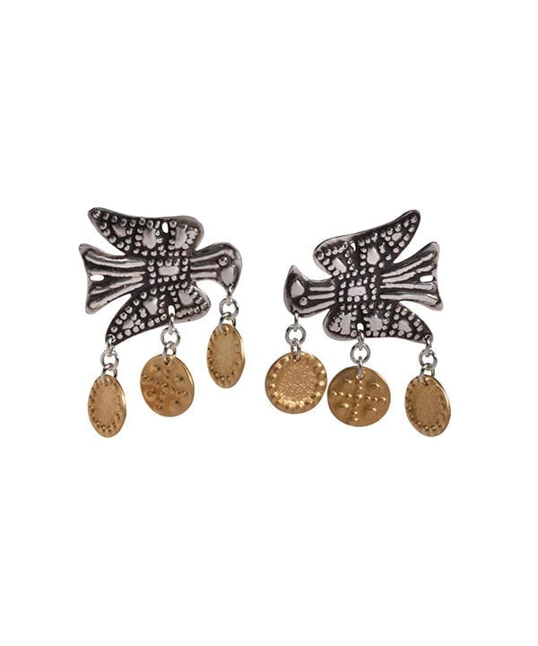 Gold and silver earrings handmade in Greece depicting the Greek eagle from Telescope Style.